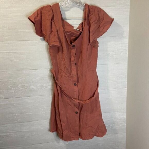 MINE Women's Casual Summer Ruffle Sleeve Buttoned Down Short Dress with belt - Picture 3 of 6